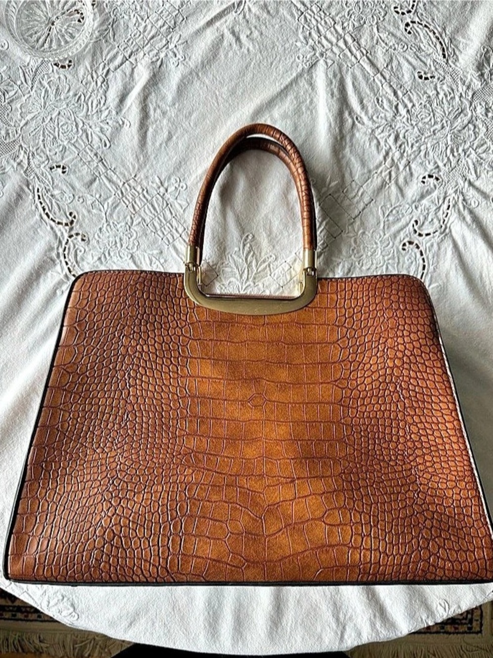 Brown Crocodile-Embossed Tote